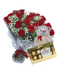 031- buquê 12 rosas urso chocolate